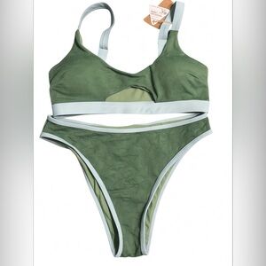 Berlook Olive Green Contrast-Trim Bikini Set